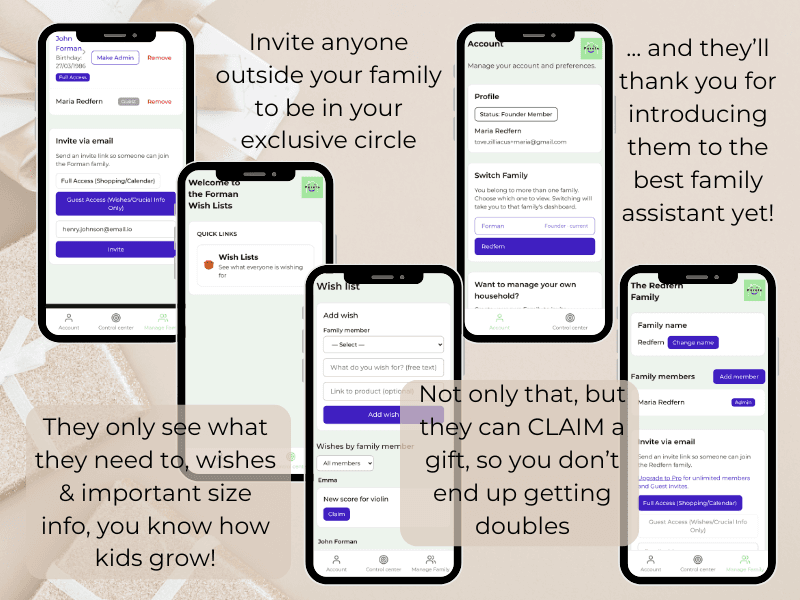 Perelo app screens: Manage Family, Wish Lists, and Guest invitations. Invite extended family to see wishes and crucial info; they can claim gifts so you avoid doubles.
