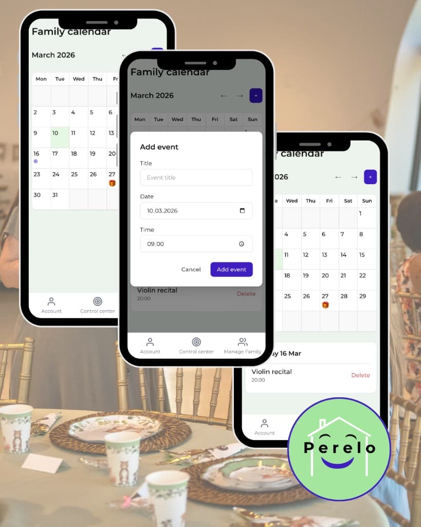 Perelo Family Calendar: events, add event, and never double book.