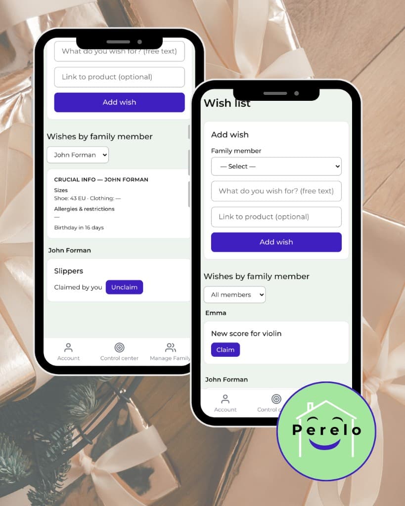 Perelo Wish Lists: add wishes, claim gifts, and see crucial info so you never buy doubles.