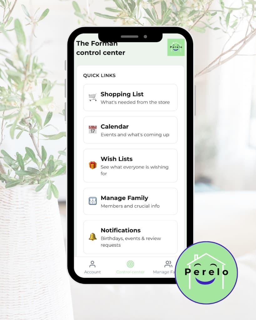 Perelo Control Center: your family dashboard with quick links to shopping, calendar, wish lists, and more.