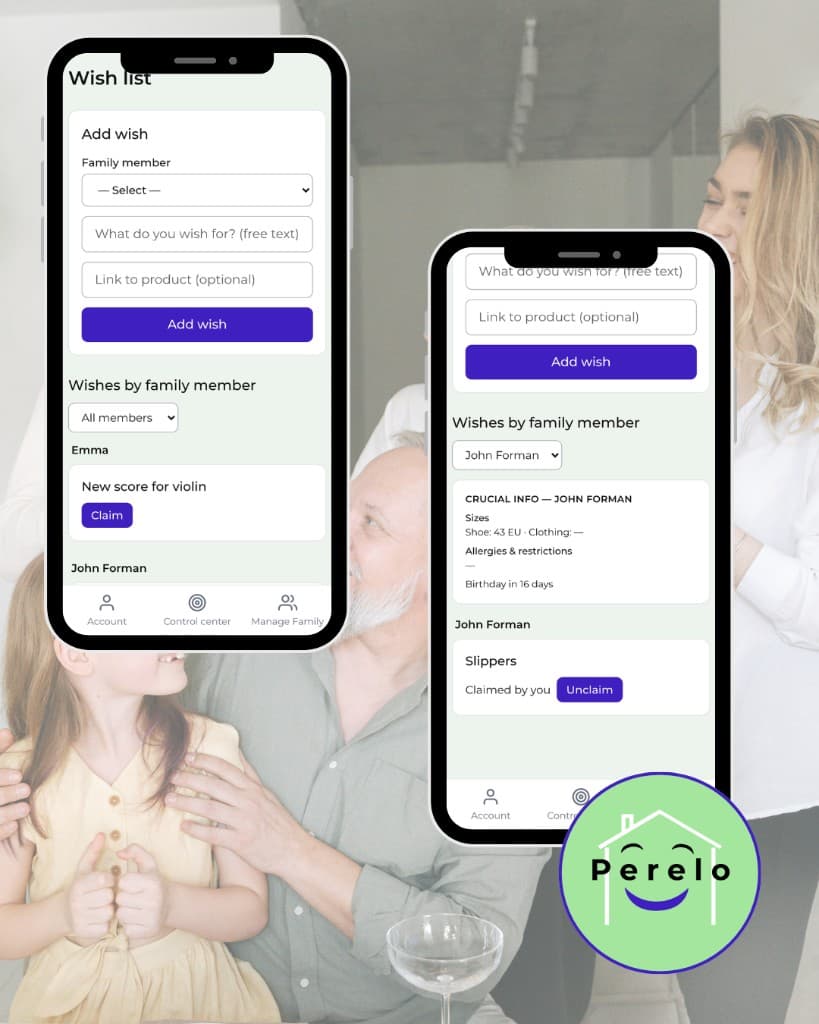 Perelo Control Center: shopping list, calendar, wish lists, manage family, and notifications in one place.
